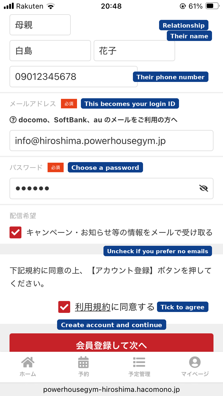 Email, password and terms agreement explained in English
